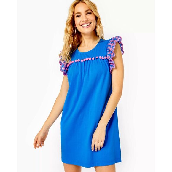 Lilly Pulitzer Ave Mini Dress Pom-Pom Embroidered Flutter Sleeve Blue XXS 282297 - Picture 1 of 11